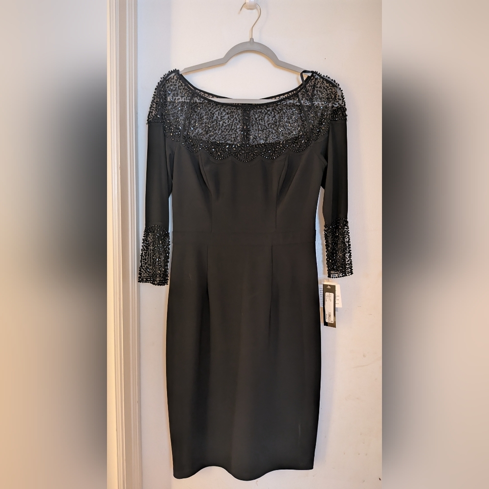 Xscape Black 3/4 Length Sleeve Beaded Dress